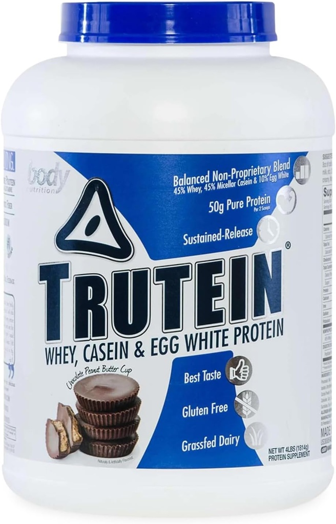 אבקת חלבון גבוהה של הגוף Trutein גבוה חלבון אבקה: 45% Whey, 45% מקרהין, 10% ביצה לבן שקד Mix, Gluten-Free Sodium, Low Carb חלבון תוספת לגברים ונשים, שוקולד בוטנים, 4lb