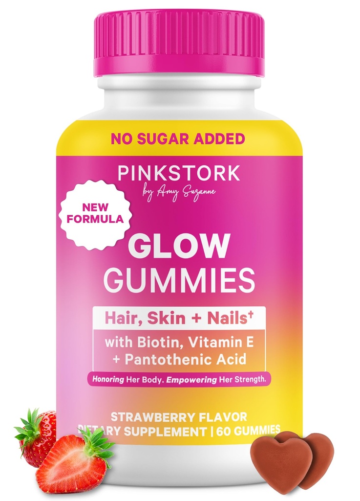 Pink Stork Total Glow Gummies עבור נשים - שיער, עור וציפורים ויטמין עם ביוטין, ויטמין A, B6, B12, Folate, Zinc & More - תמיכה עור כהה, ריחות חזקים, שיער בריא - 60 ברי מסטיקס