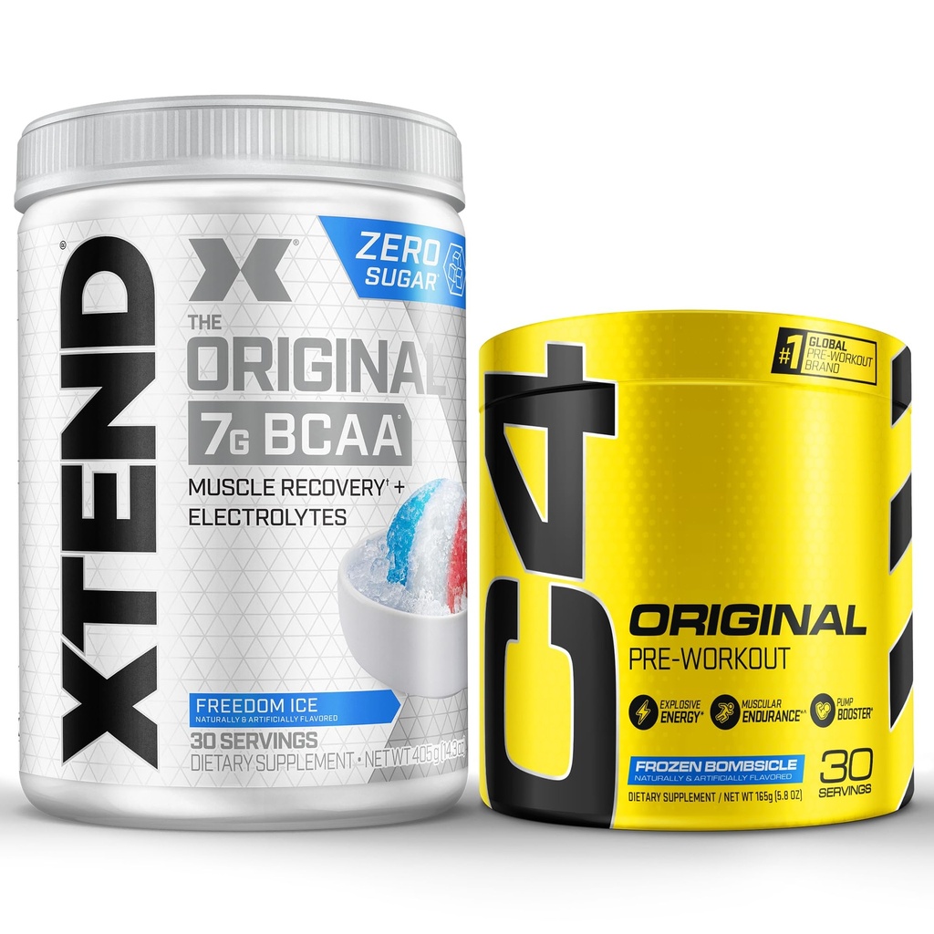 Cellucor Pre Workout & BCAA Bundle, C4 Original Pre Workout Powder, Frozen Bombsicle, 30 Servings + XTEND BCAA Powder, Freedom Ice, 30 Servings
