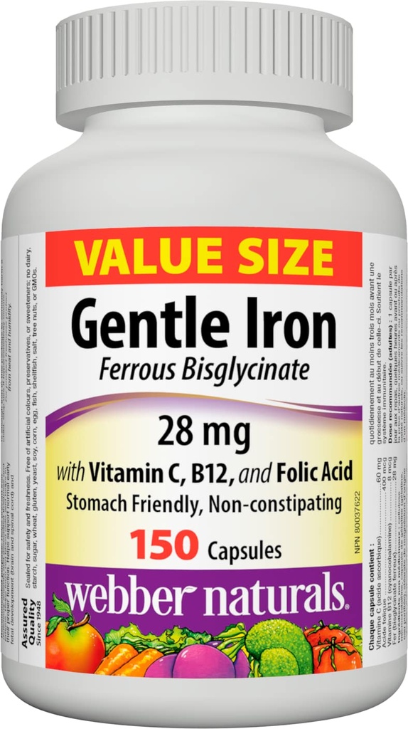 Webber Naturals Gentle Iron תוסף עם ויטמין C, B12 ו- Folic Acid, 28 מ"ג, 150 קפסולות, Stomach-Friendly, Non-Constipating, מסייע למנוע את הגבלת הברזל anemia