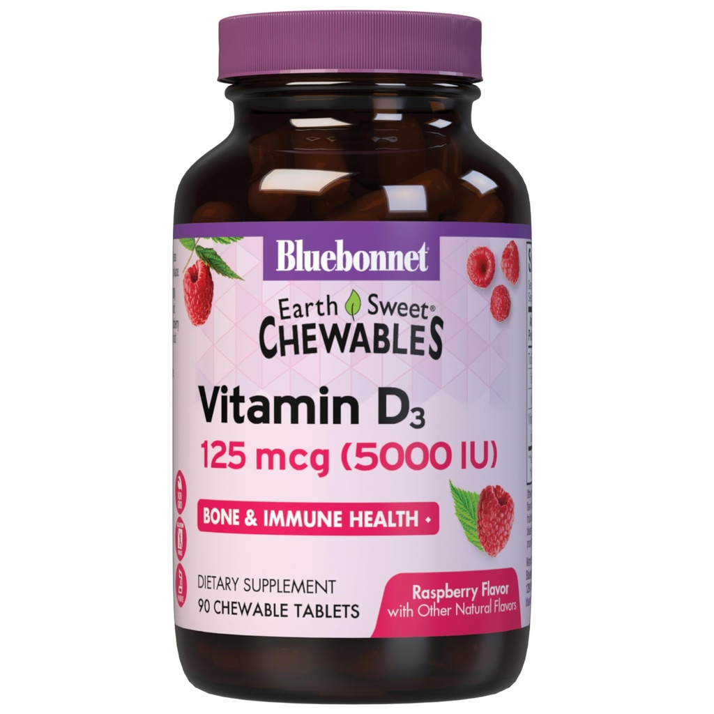 Bluebonnet Nutrition Earth Sweet ויטמין D3 5000 IU Chewable Tablets, Aids inשרירים & Skeletal growth, non GMO, Gluten & Soy & Milk חינם, כשר, Raspberry, White, 90 Count