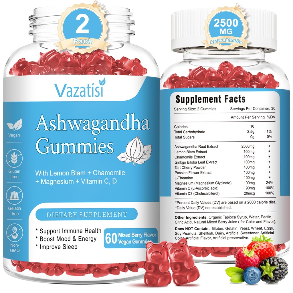 2 Pack Ashwagandha Gummies for Women Men, Sugar Free Organic Ashwagandha Gummies תוסף להרגעת האיזון, Gluten Free, 120 Count