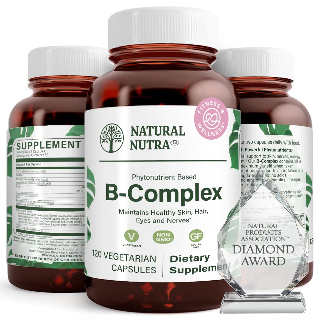 ויטמין Nutra טבעי B מורכב עם Niacin, Folate, Thiamin, ביוטין, תומך מערכת העצבים מערכת בריאות, מקדם מטאבוליזם, עור, עיניים ובריאות שיער, מזון שלם, 120 קפסולות צמחוניות