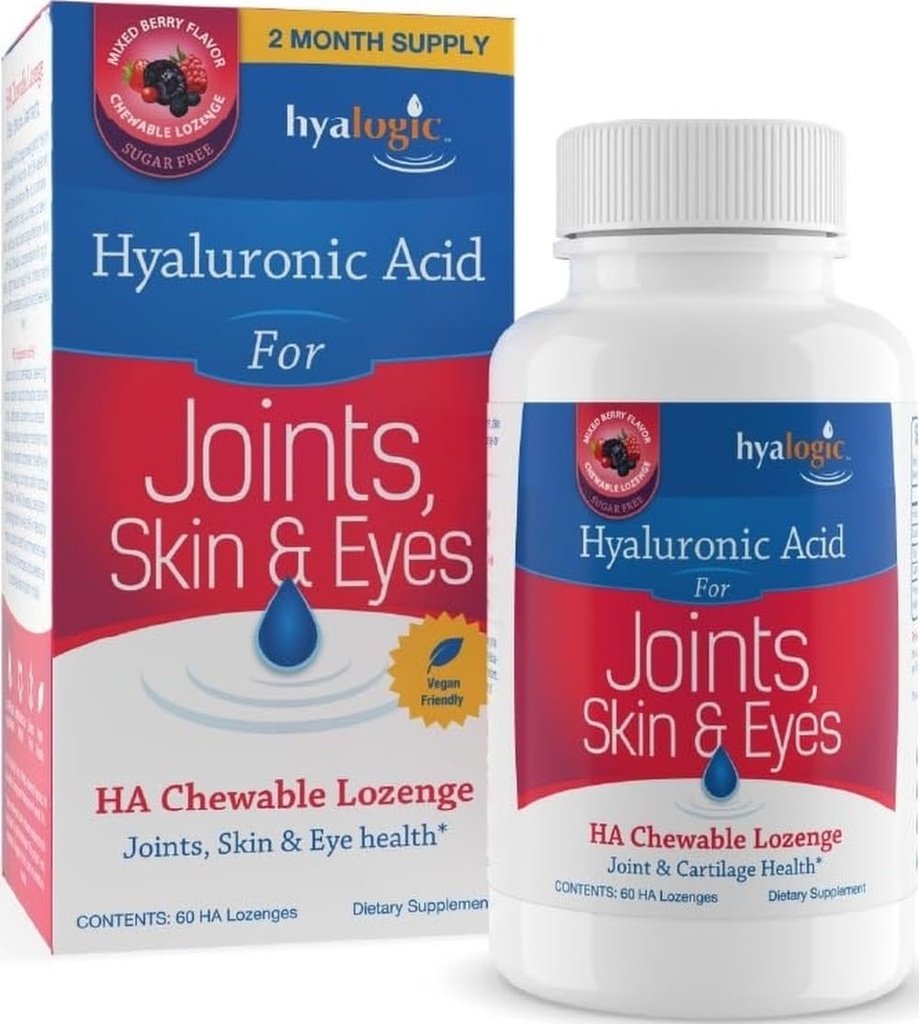 Hyalogic Hyaluronic Acid Chewable Lozenge - טבליות Chewable עבור Skin Care & Eyes - טבעוני, סוכר חינם ברי Favored Hyaluronic Acids (60 Count)
