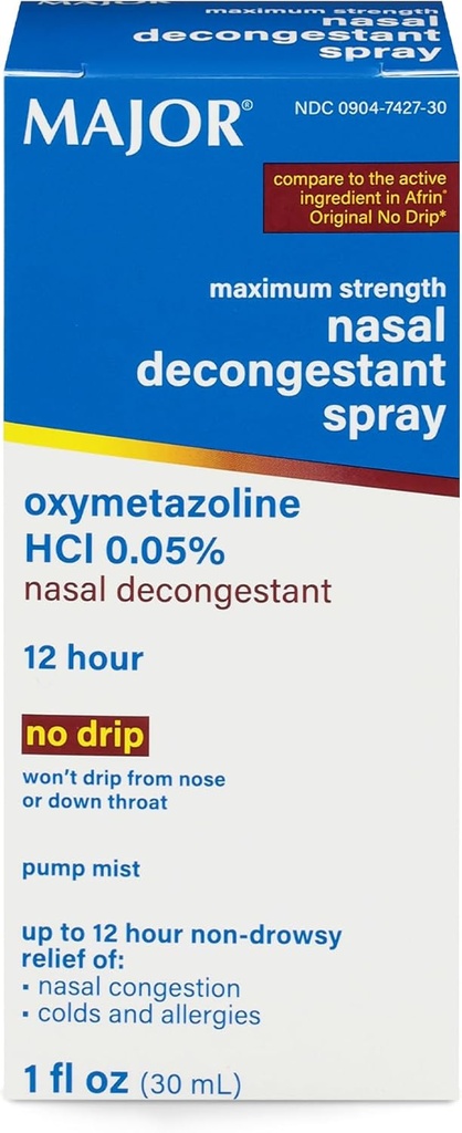 MAJOR כוח מקסימלי Nasal Decongestant Spray, Oxymetazoline HCl 0.05% Pump Mist, non-Drowsy Nasal Spray, עד 12-Hour Relief from Nasalungestion, Colds, and Allergies 1 Fl. Oz. (1-Pack)