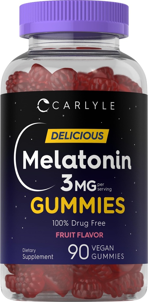 Carlyle Melatonin Gummies 3 מ"ג | 90 | תוספי מזון פלאבימי | 100% תמיכה חינם בסמים | טבעוני, non-GMO, Gluten Freeten