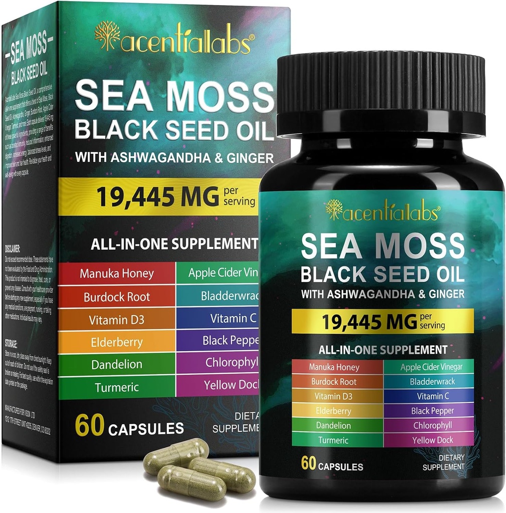 Sea Mosss Black Seed Oil, Sea Mosss Black Seed Oil אשוגנדה קפסולות עם ויטמינים Bladderwrack, Burdock Root ועוד, 60 קפסולות