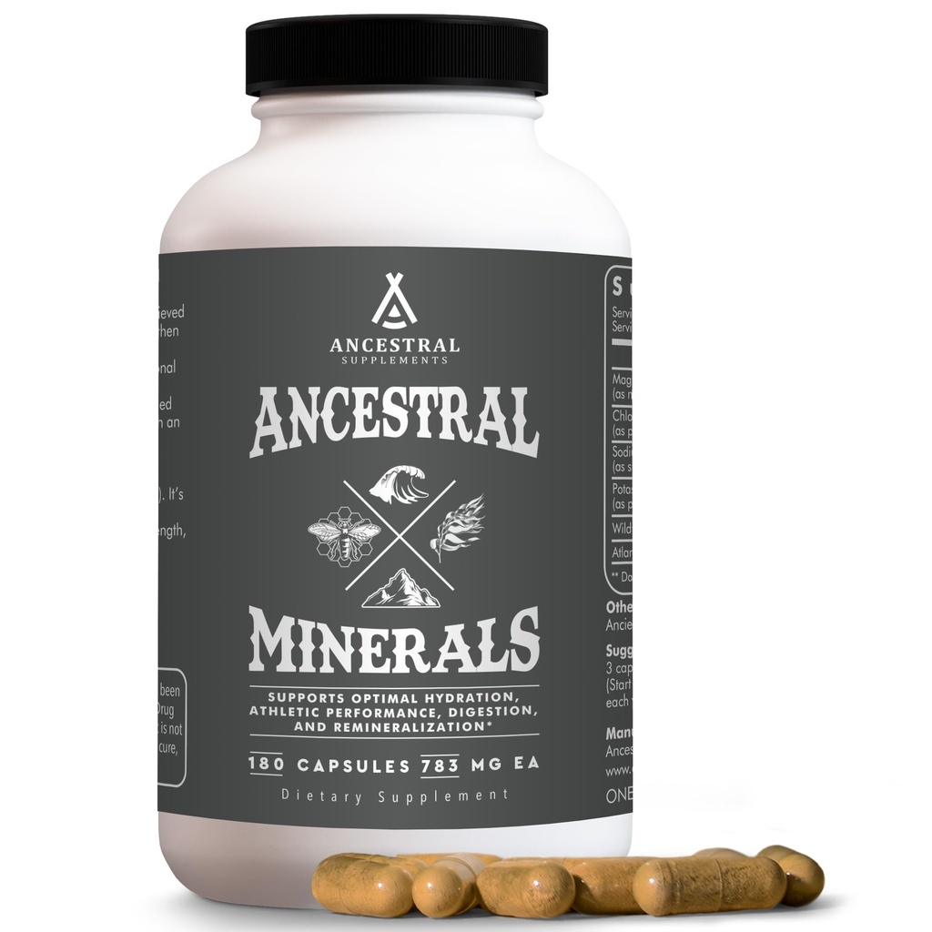 תוספי Ancestral מינרלים ואלקטרוליטים עם Magnesium, Potassium, Sodium, תומך hydration Optimal, בריאות החיסון, ביצועים אתלטיים, העיכול, ו Reminalization, 180 קפסולות