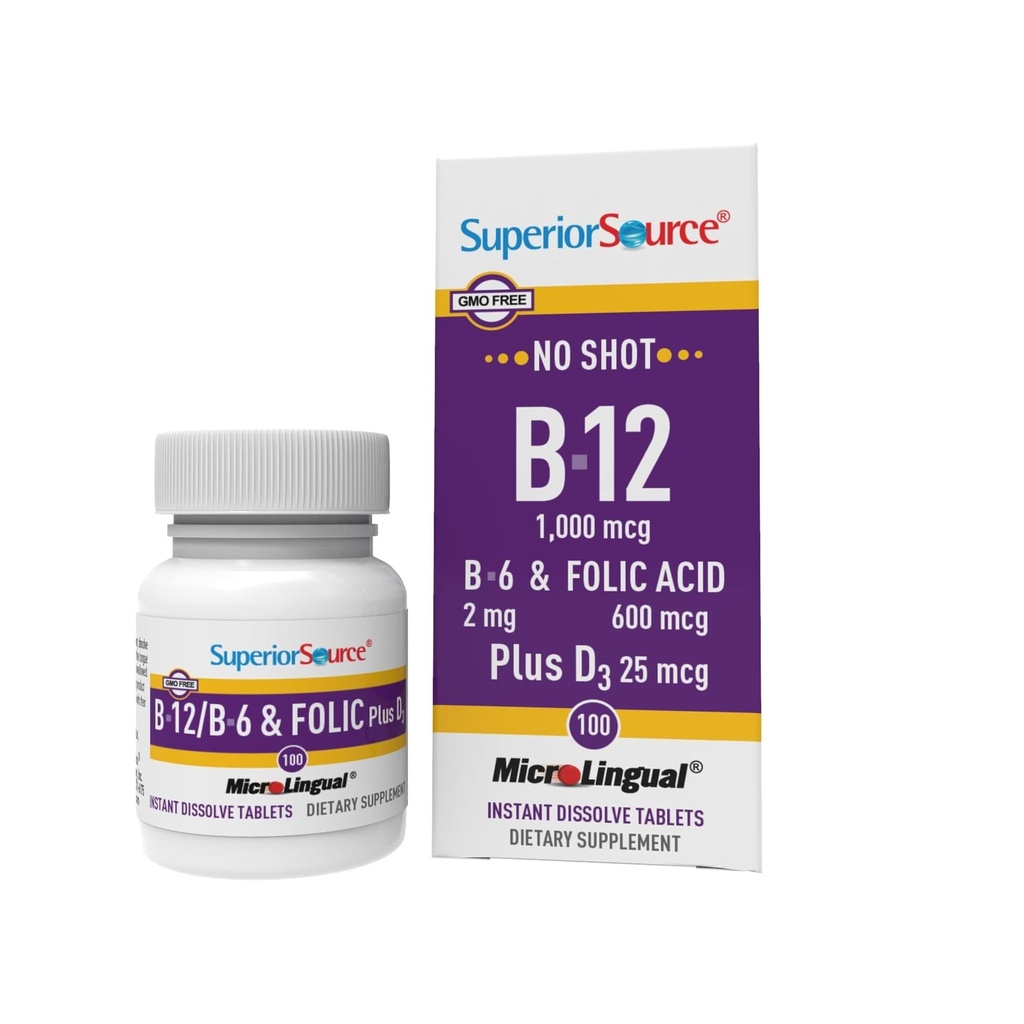 מקור גבוה No Shot ויטמין B-12 Cyanocobalamin 1000 mcg, B-6, Folic Acid & ויטמין D-3 1000 IU - תומך אנרגיה, מוח, לב, בריאות העצם - 100 Sublingual Disshoot Tablets