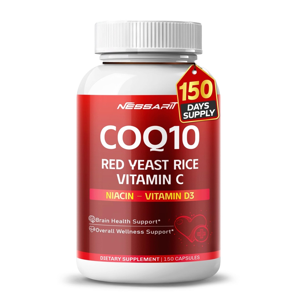 COQ10 + Red Yeast Rice תוספת - 10in-1 טבעי בלנדר עם אומגה 3 ויטמין B3, K2, D3, Zinc Milk Thistle Black Pepper - 150 Count - Made & Tested בארצות הברית
