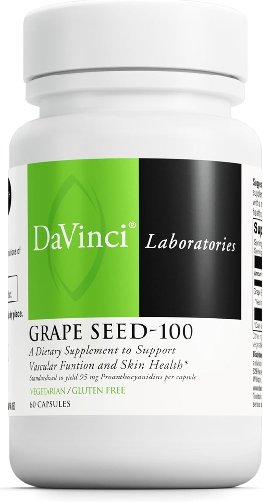 DAVINCI Labs Grape Seed 100 - תוספת תזונתית לתמיכה במערכת החיסון, פונקציית וסיקולארית עור בריא * - עם 100 מ"ג Grape Seed לחלץ עבור לשרת - Gluten-Free - 60 קפסולות צמחוניות