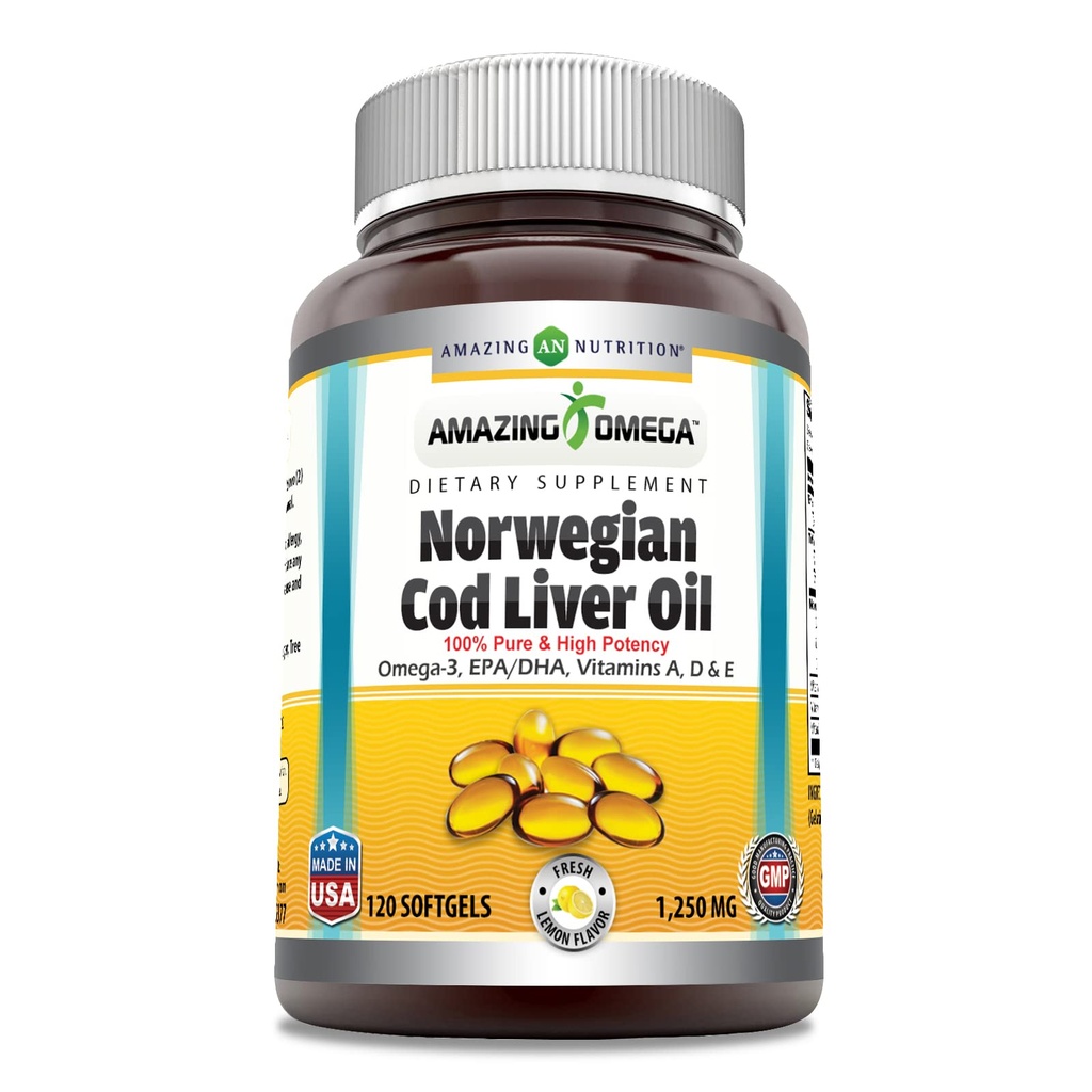 אומגה נורוויג'ן Cod Liver Oil 1250 Mg Softgels תוסף אומגה 3, EPA, DHA, ויטמין A, ויטמין D & ויטמין E (Lemon | 120 Count)