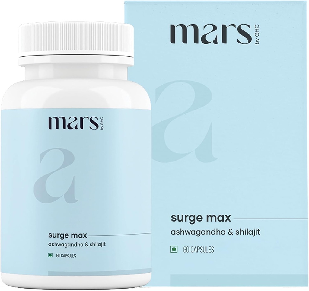 Mars Surgemax Natural כמוסות עם Shilajit & Safed Musli | תמיכה באנרגיה, כוח ותחמושת | עבור Active Lifestyle 60 קפסולות | חבילת 1 1