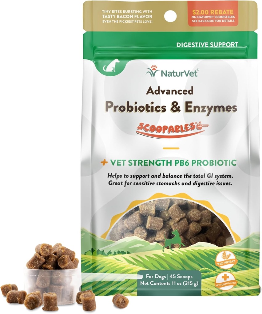 NaturVet Scoopables Advanced Probiotics for Dogs - כלב צ'ירוק פרוביוטיקה ו Enzymes העיכול - תמיכה ב Gut בריא עבור חיית המחמד שלך - Hickory Smoked Bacon Flavor