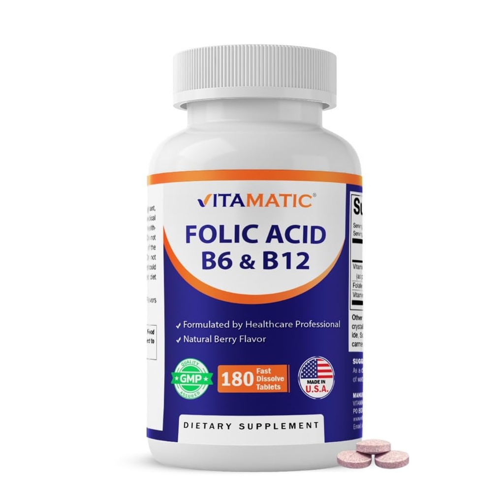 Vitamatic Folic Acid, ויטמין B12 & B6 - 180 טבליות מהיר Dissolve לב בריאות, ייצור אנרגיה ו Red Blood Cell תמיכה