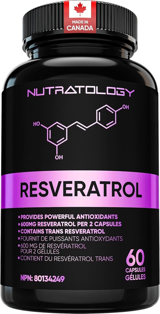 Nutratology Resveratrol תוספת של חומצה פולית - Anti Aging Trans Resveratrol - מגביר את בריאות Cardiovascular, התחדשות תאים וצמיחה שיער - 60 קפסולות - 30 משרתים