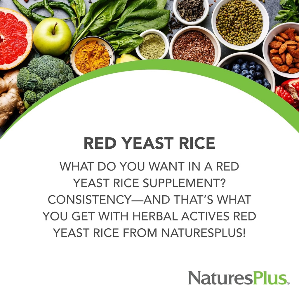 NaturesPlus Herbal Actives Red Yeast Rice - 120 קפסולות צמחוניות, Pack of 2 - מקסימום Potency Herbal תוסף - Gluten Free - 240 מנות מלאות