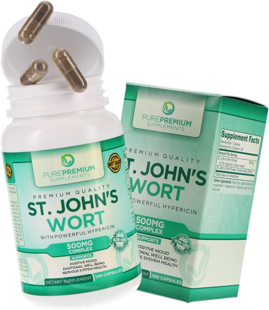 Pure Premium St. Johns Wort כמוסות 500 מ"ג - תוספי תמיכה Mood - Herbal & Natural Normal Stress Supplements - St John Wort תמיכה חיובי Mood עבור גברים ונשים - 3 חודשים אספקה - 100 קפסולות