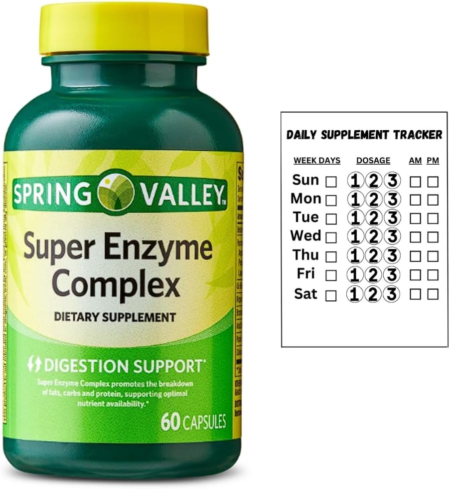 Spring Valley Super Enzyme Complex Dietary Supplement for Digestive Support, 60 קפסולות + Daily Supplement Tracker Sticker Sticker