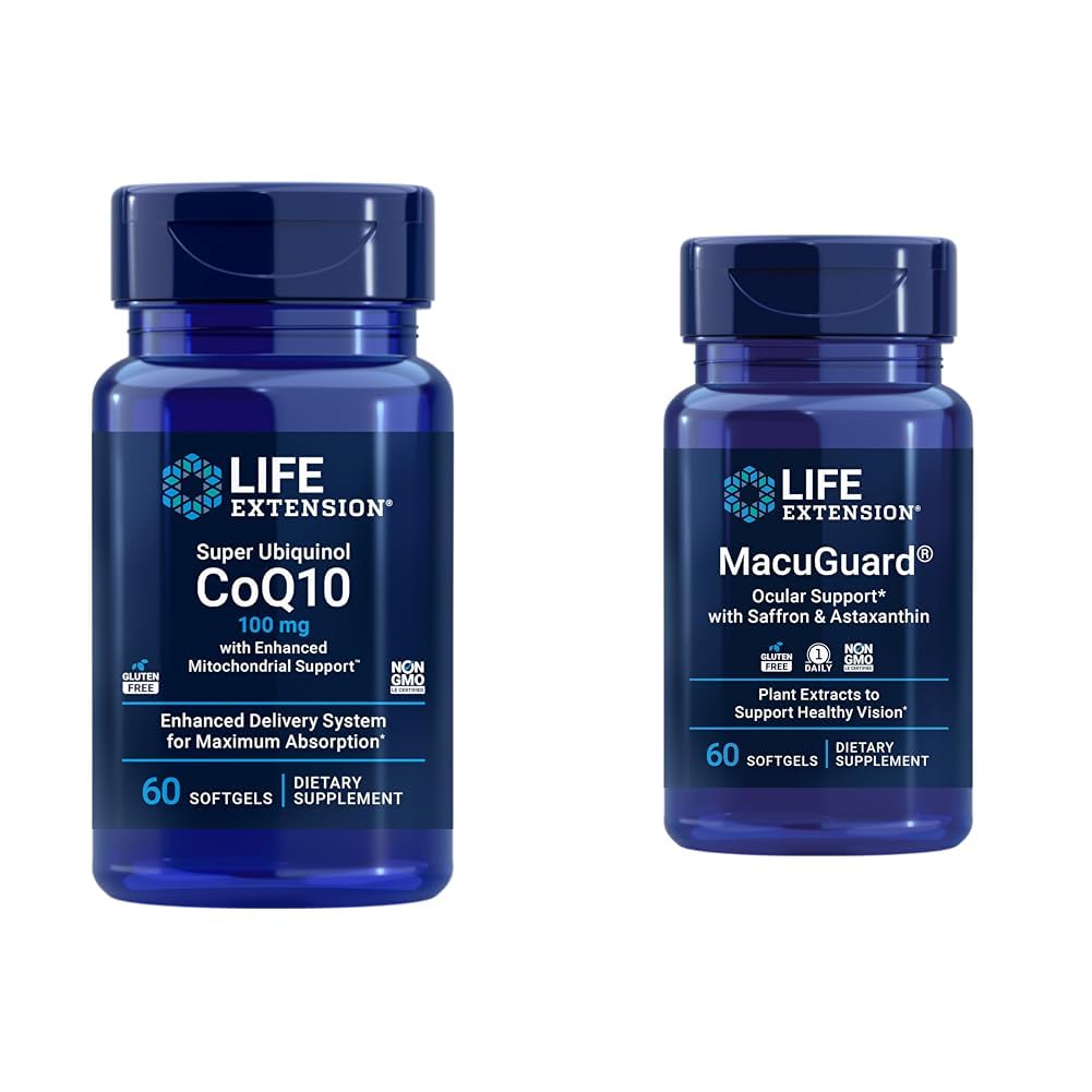 Life Extension Super Ubiquinol CoQ10 אנרגיית בריאות תאי 60 Softgels & Macuguard Ocular Support Lutein Zeaxanthin Saffron Astaxanthin Eye Health 60 Count