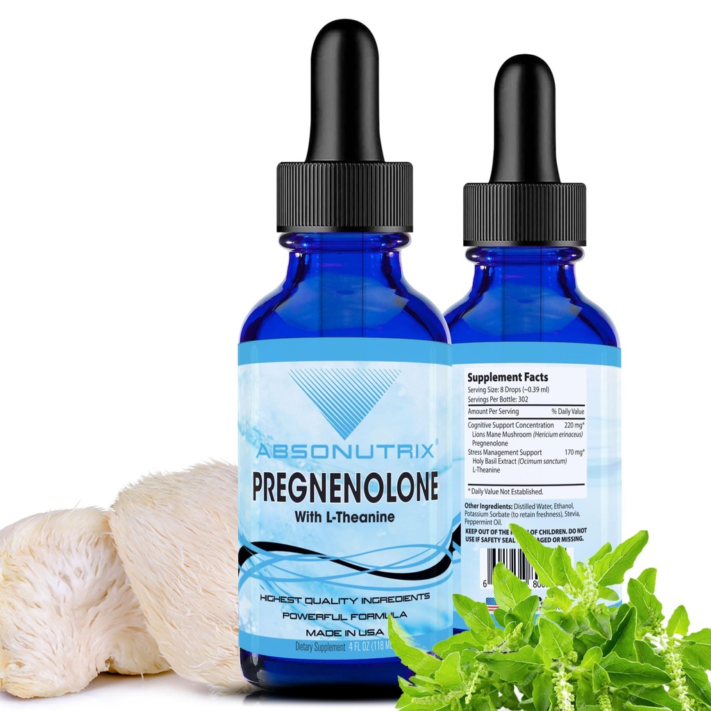 Absonutrix Pregnenolone עם L-theanine מתקדם פורמולה 390 מ"ג, 4 Oz נוזל, 302 משרתים, Made בארה"ב, Quick Absorption, Quality Potent Ingredients, Non-GMO, GMP Certified Facility, GMP מוסמך Facility, מיוצר בארה"ב, Made in USA, Quick Absorption, Quality Potent Ingredientsgredients.