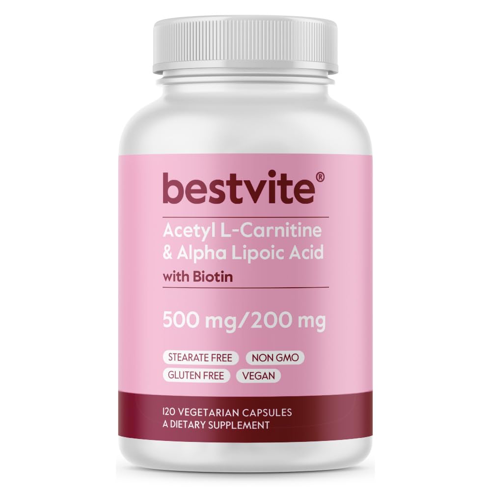 BestVITE Acetyl L-Carnitine 500 מ"ג ו-Alpha Lipoic Acid 200 מ"ג לקפסולה עם ביוטין (120 קפסולות צמחוניות) - No Stearates - טבעוני - Non GMO - Gluten Freeten