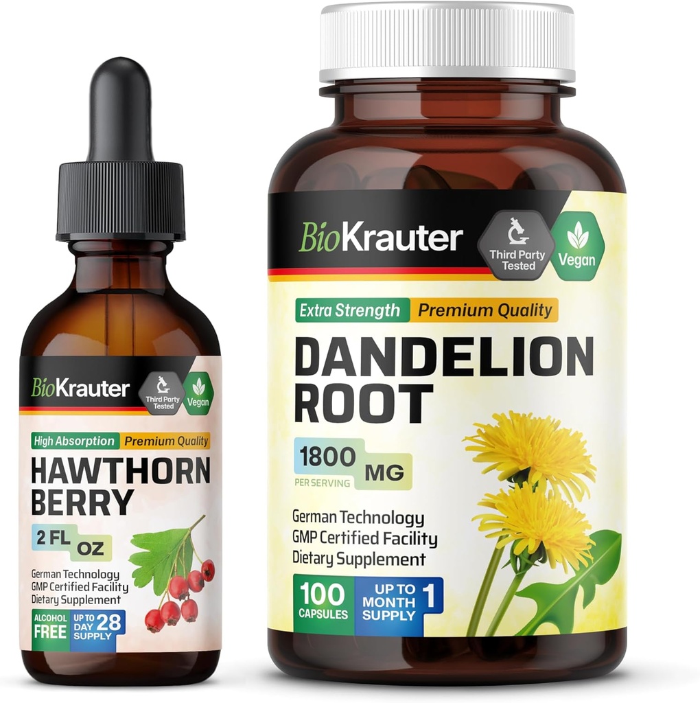 BIO KRAU הות'TERhorn Tincture 2 Fl. Oz & Dandelion 100 קפסולות