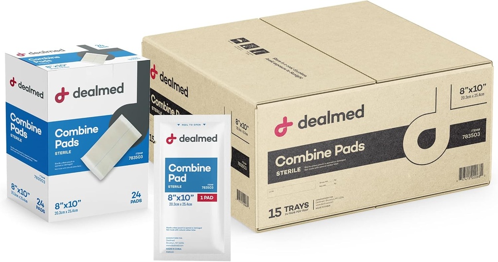 Dealmed Abdominalשלבe Pads 8"x10" (360-Case) Sterilely Wrapped, ABD Pads, Absorbent, Non Adherent for Wound Care, Drainage, First Aid, 24/Box (Case of 15)