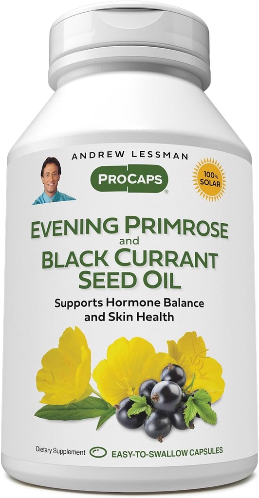 AndREW LESSMAN Evening Primrose and Black Currant Seed Oil 360 Softgels - Soothes Physical Discomfort ו- Mood Swings בשל מחזור Menstrual, עם Gamma-Linolenic, אומגה 6 Fatty Acids, No Additsives