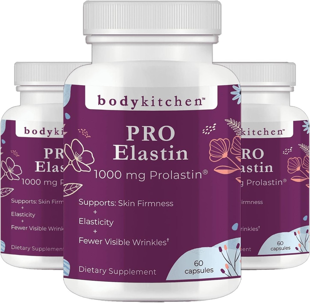 מזון גוף מטבח Pro-Elastin 1000 מ"ג תוסף Elastin, להפחית סימנים של Aging, שיפור בריאות העור, חברות ו-Allastity, פחות Wrinkles, Veggie Caps (Pack של 3)