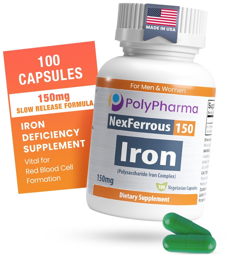 Polysaccharide Iron Complex 150 מ"ג לתמיכה באנמיה - מניעת וטיפול בהגנת ברזל, תומך Red Blood Cells Formation, Gentle on the Stomach, High Potency, USA-Made, 100 קפסולות