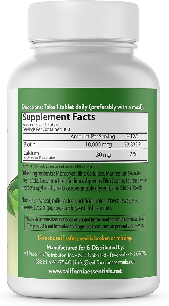 קליפורניה Essentials Biotin 10000mcg | ויטמין B7 מקדם עור בריא, שיער וניק צמיחה | תוספי תזונה עתירי גבוה לגברים ונשים | Non-GMO, טבעוני, Gluten & חלב חינם (300 טבליות)