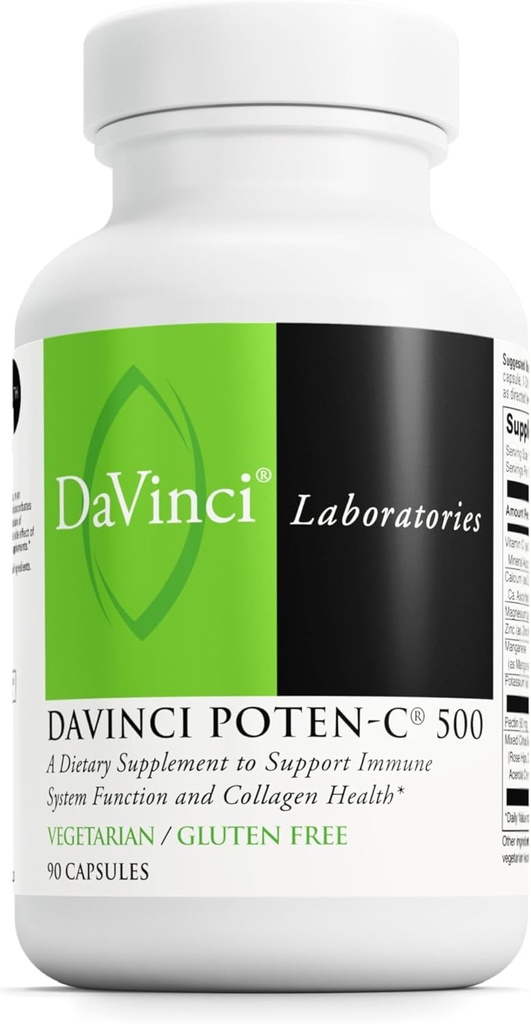 DAVINCI Labs Poten-C 500 - תוספת תזונתית לתמיכה בתפקוד מערכת החיסון & Collagen בריאות* - עם ויטמין C, Calcium, Magnesium, Potum ועוד - Vegetarian - Gluten-Free 90 Tablets Tablets