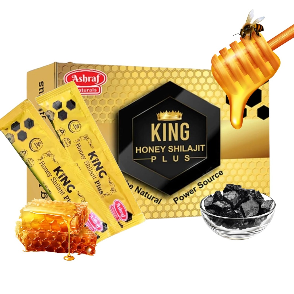 Ashraf Naturals King Honey Shilajit Plus - Premium Honey & ההימלאיה Shilajit Band with Herbal Extracts, Natural Energy & Vitality Support, 15 Sachets X 15g
