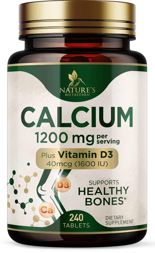 Calcium 1200 מ"ג עם ויטמין D3 - תוסף בריאות העצם, ויטמין D & Calcium תוספי עבור נשים וגברים - כוח עצם, שיניים ותמיכה החיסון, כדורי Calcium של הטבע, בבקבוק בארה"ב - 240 טבליות