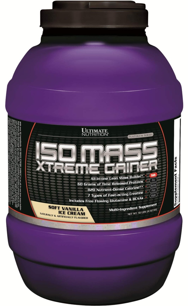תזונה האולטימטיבית ISO Mass Xtreme Gainer, אבקת חלבון מקבל משקל עם Creatine, 60 גרמים של חלבון, Whey Isolate אבקת חלבון עבור Lean שריר מקבל, 10 LBS עם 30 משרתים, Vanilla Ice Cream