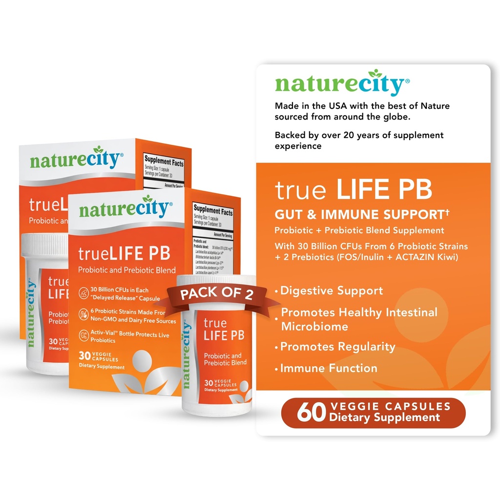 NatureCity True-Life-PB Shelf Stable Bel Prebiotics and Probiotics for Women and Men - Digests for Women and Men - Digests for Women and Men - Milk Free - 60 Veggie קפסולות