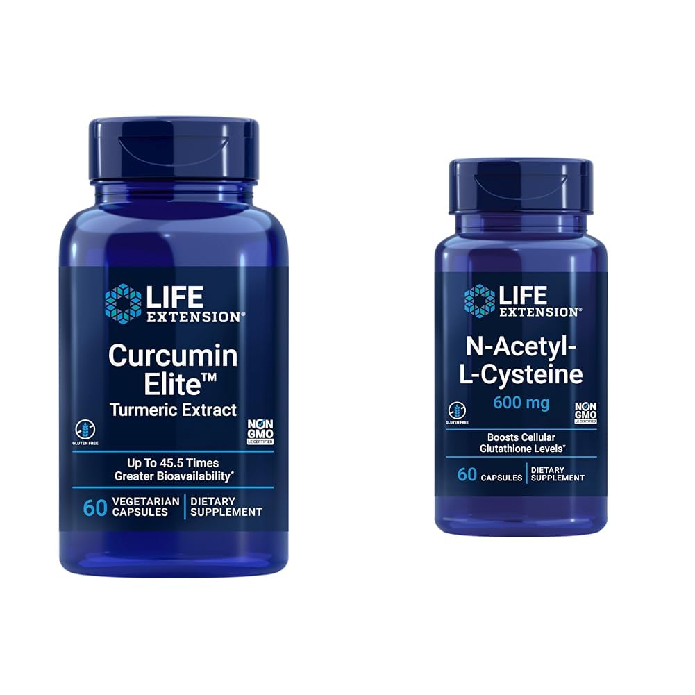 Life Extension Curcumin Elite Turmeric Extract & N-Acetyl-L-Cysteine (NAC), Immune, Respiratory, Liver Health, NAC 600 מ"ג, תמיכה נוגדת חמצון, Free-radicals, Easy to Absorb, 60 קפסולות