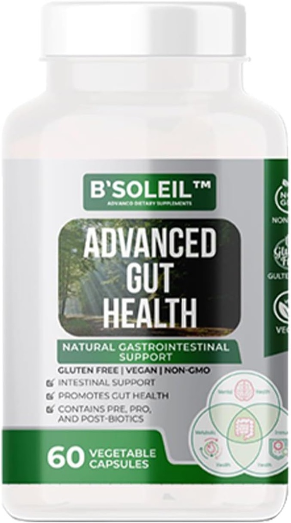 B'Soleil TM Advanced Gut Health Probiotic - Pre, Pro & Post Biotics - Natural Gastro מעיים תמיכה - 60 קפסולות ירקות - Gluten Free, Vegan & non-GMO Genuine Health Probiotics - 25 מיליארד CFU