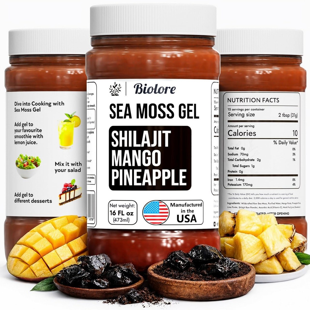 Biolore Wildated Sea Moss Gel with Shilajit - מנגו Pineapple 16 oz - פלאמוריד ים Mosss Gel עם ויטמינים חיוניים ו- Trace מינרלים - תוצרת טבעונית - מיוצר בארה"ב, Gluten-Free, לא הוסיף סוכר