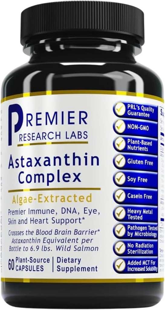 Premier Research Labs Premier Astaxanthin Complex - תוספי Astaxanthin, Astaxanthin 4 מ"ג לקפסולה, מקורם Algae, Antioxidant Support for Women & Men - 60 קפסולות צמחוניות