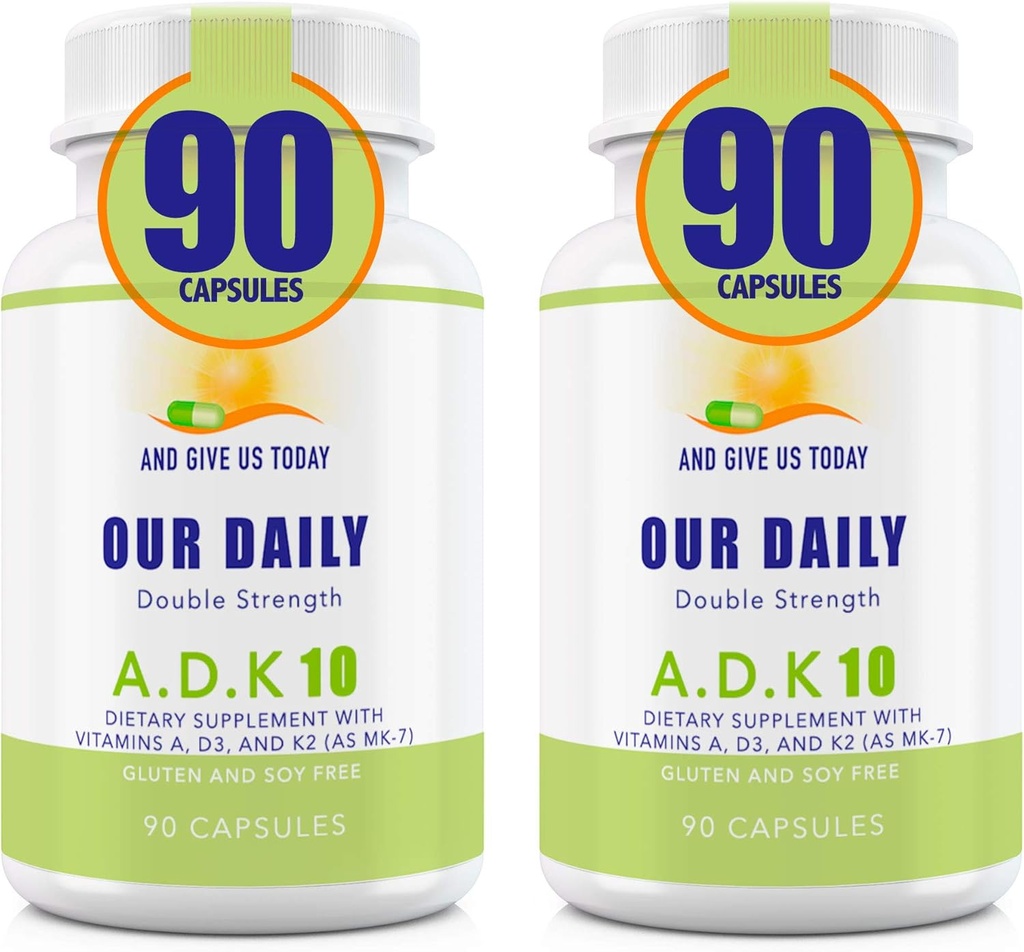 ה-Daily Vites ADK 10 כוח כפול (10,000 יואן) ויטמינים A1, D3 & K2 (כ- MK7) - Physician Formulated Bone & Immune System Support - Gluten Free, non GMO - 180 קפסולות צמחוניות