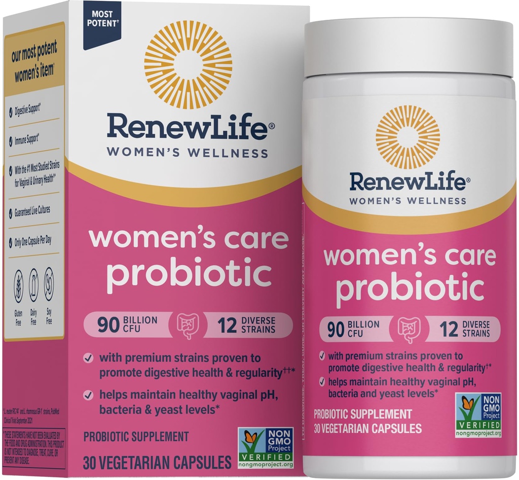 Renew Life Women's Probiotic כמוסות, תומך ב- pH Balance for Women, Vaginal, Urinary, Digestive ו- Immune Health, L. Rhamnosus GG, חלב, סויה וגלוטן חינם, 90 מיליארד CFU - 30 Cttt-Cttt-Ct.