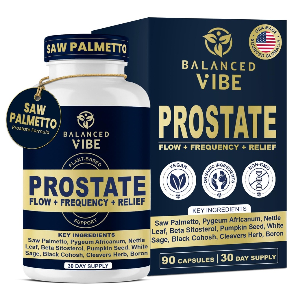 תוספי התמיכה של Vibe Prostate עבור גברים | פורמולה המבוססת על צמחי אורגני עם Saw Palmetto, Pygeum & Beta-Sitosterol | Supports Flow & Comfort, Day and Night | 90 קפסולות טבעוניות