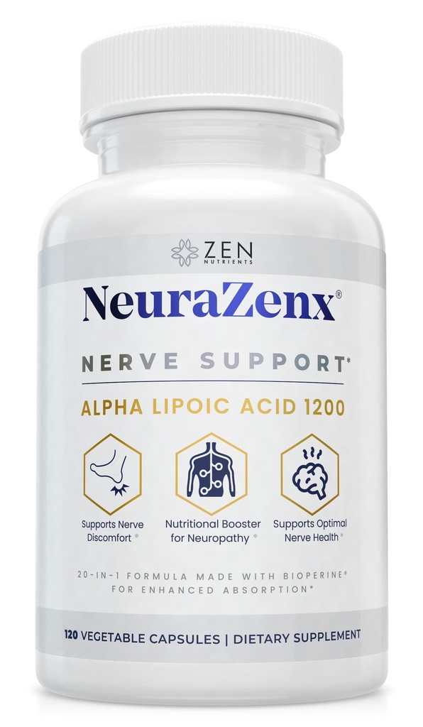 Zen Materialsents NeuraZenX Nerve Support & Pripheral Neuropathy תמיכה תוסף עם 1200 מ"ג אלפא Lipoic Acid (ALA), Benfotiamine, L-Carnitine, ו Turmeric.