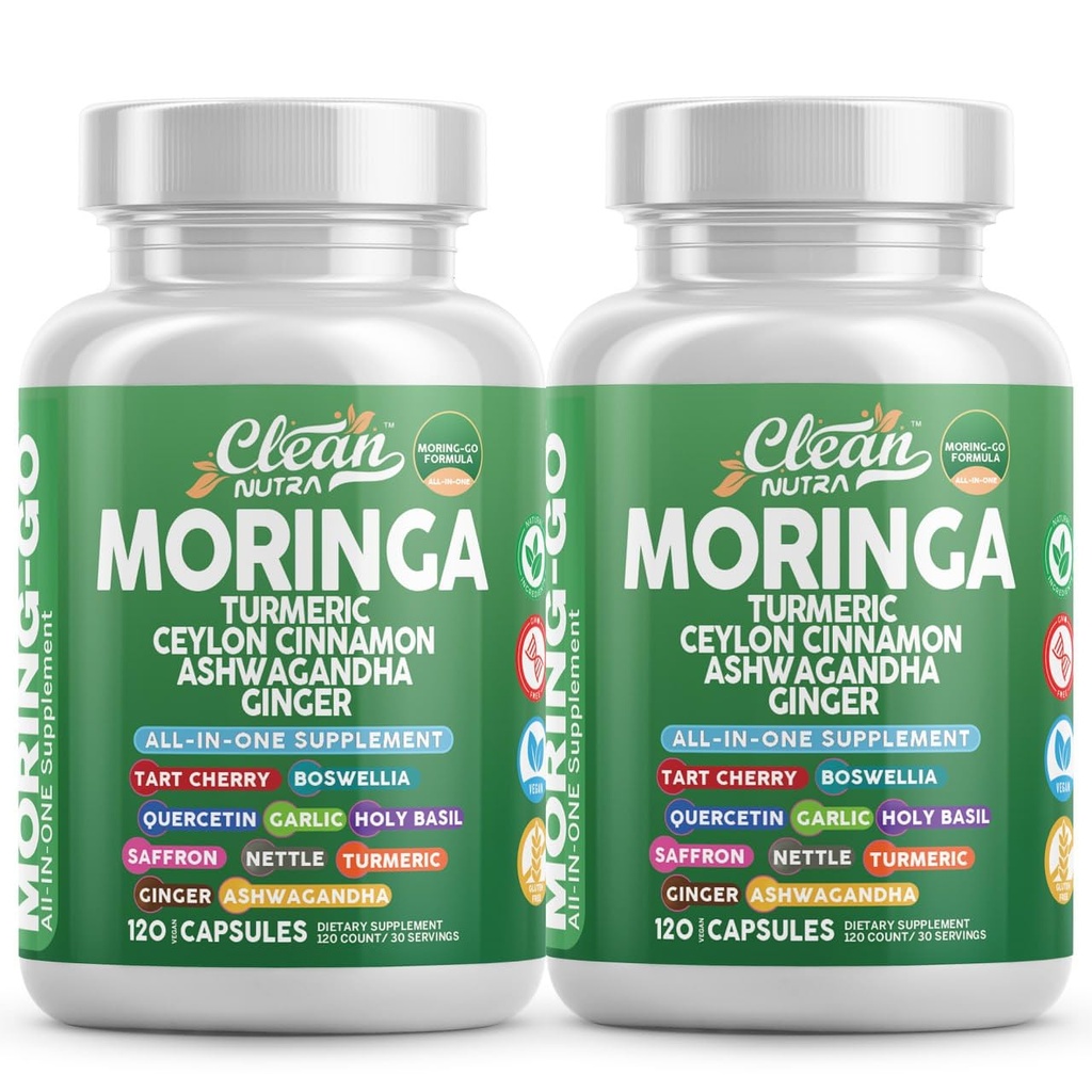 Moringa אבקת קפסולות + Turmeric Moringa Leaf Ceylon Cinnamon Ashwagandha ג'ינג'ר Tart Cherry Boswellia Quercetin Garlic Holyזיל Saffron Black Pepper Moring-Go תוסף על ידי Nutra 2)
