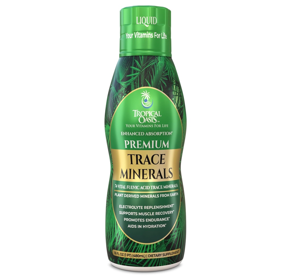אואזיס טרופי - Premium Ionized Plant Based Trace מינרלים נוזלי פורמולה - 74 מינרלים חיוניים בצורת נוזל עבור עד 96% Absorption - 16 oz, 32 מנות