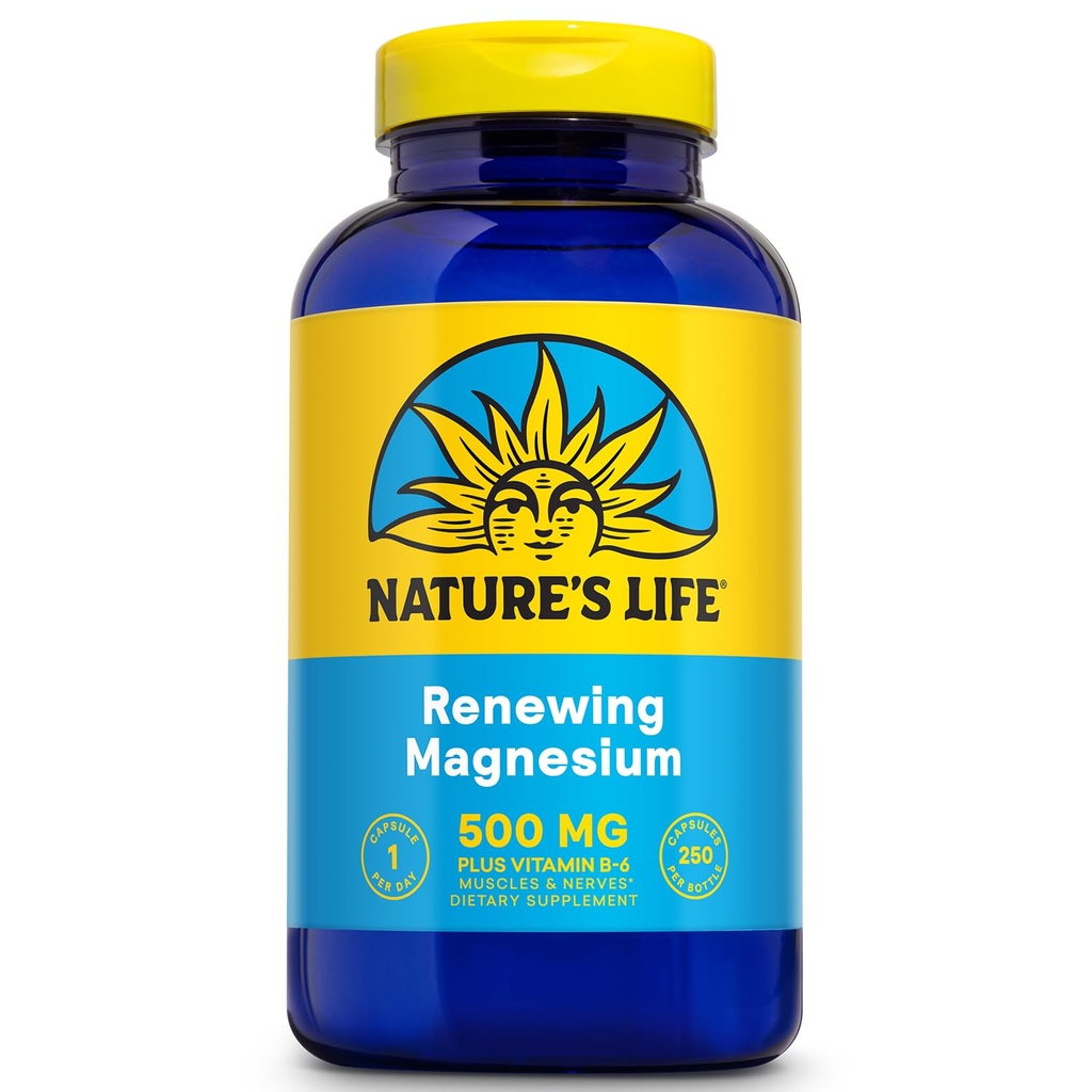 Natures Life Renewing Magnesium 500 מ"ג - Citrate, Malate, Oxide Plus ויטמין B-6 - שרירים ו- Nerves תמיכה - מעבדה מאומתת (250 משרתים, 250 VegCaps)