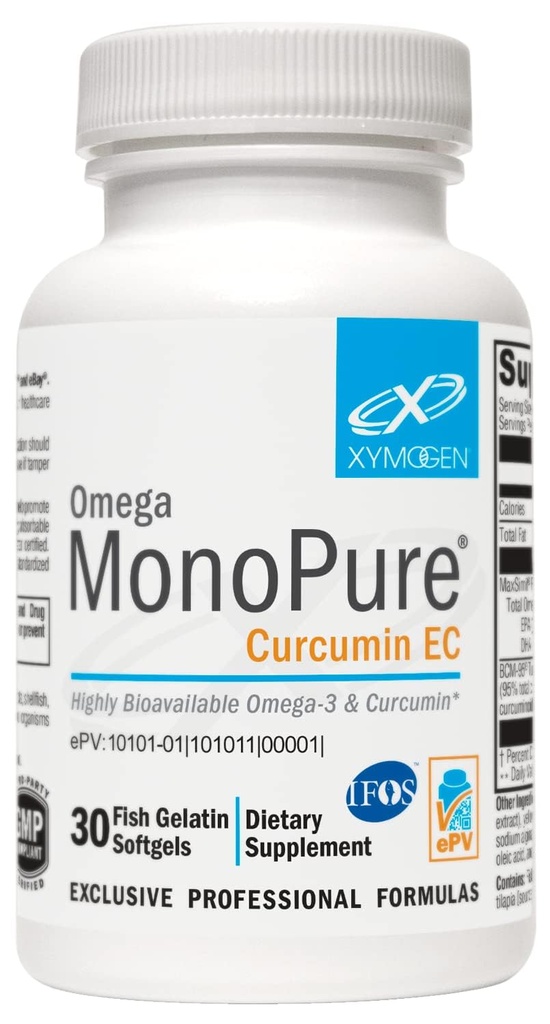 XYMOגן אומגה MonoPure Curcumin EC - שמן דגים עם הגדלת DHA EPA Absorption + Turmeric Extract - אומגה 3 עבור תמיכה ב- Cytokine Balance Support (30 Softgels)