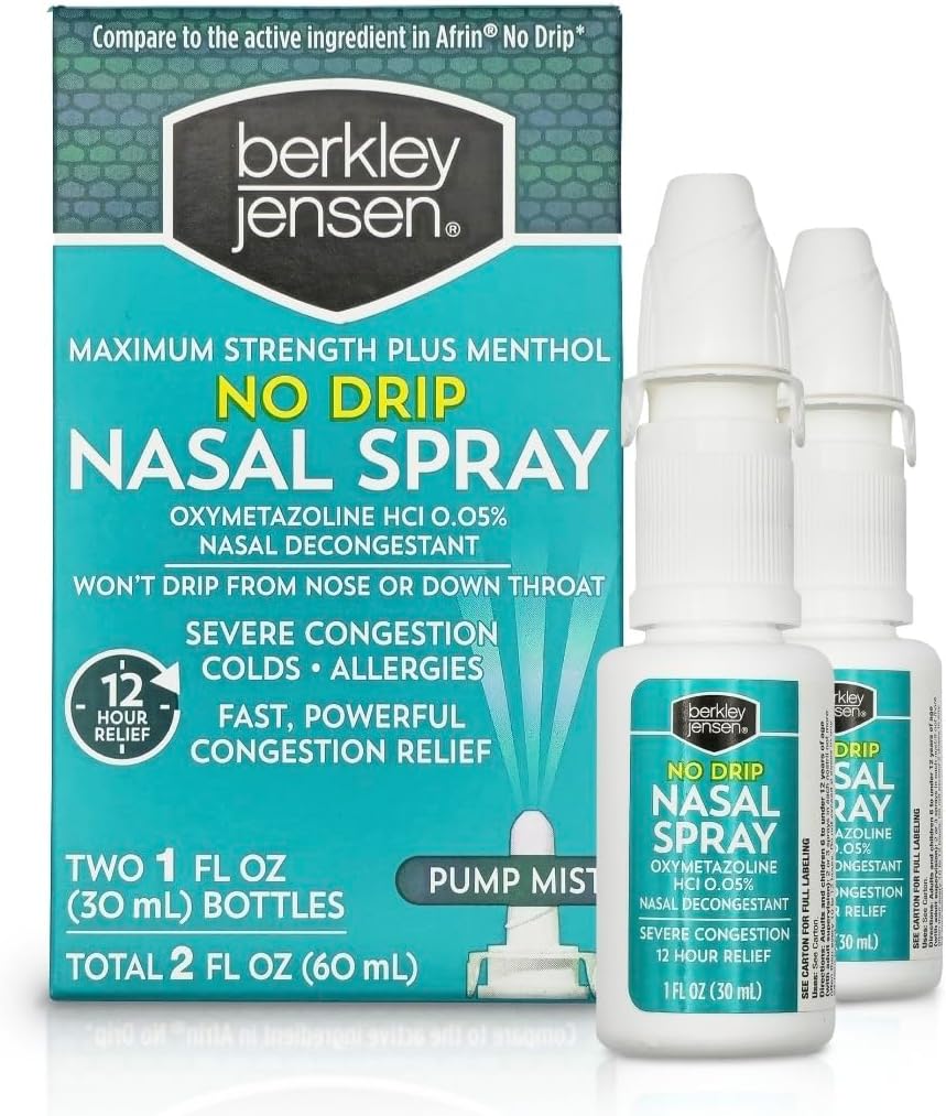 berkley jensen No Drip Severe Congestion Nasal Spray - כוח מקסימלי צוהר עם Oxymetazoline HCl & Menthol - Pump Mist Applicator, No Steroid, 12 Hour הקלה, 1 Fluid Ounce (Pack of 2)